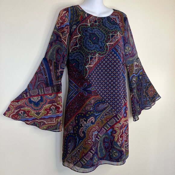 Highline Mini Shift Dress Multicolor Boho Paisley Chiffon Sheer Bell Sleeves - Picture 7 of 7